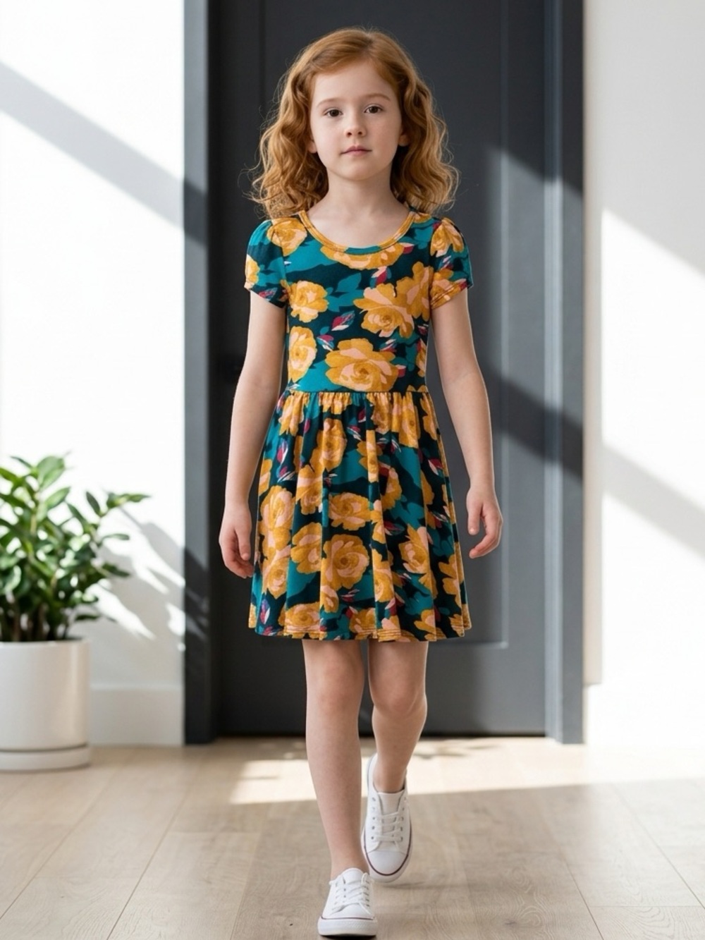 NWT Dot Dot Smile Girls Yellow Green Cap Sleeve Twirl Drop Waist Dress Size 3/4